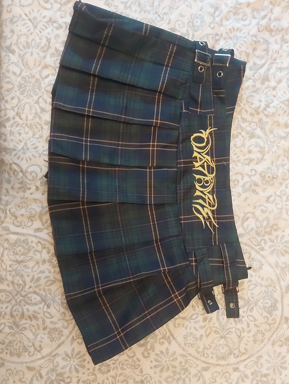 Plaid Pleated Mini Skirt with Buckle Detail - Green/Blue